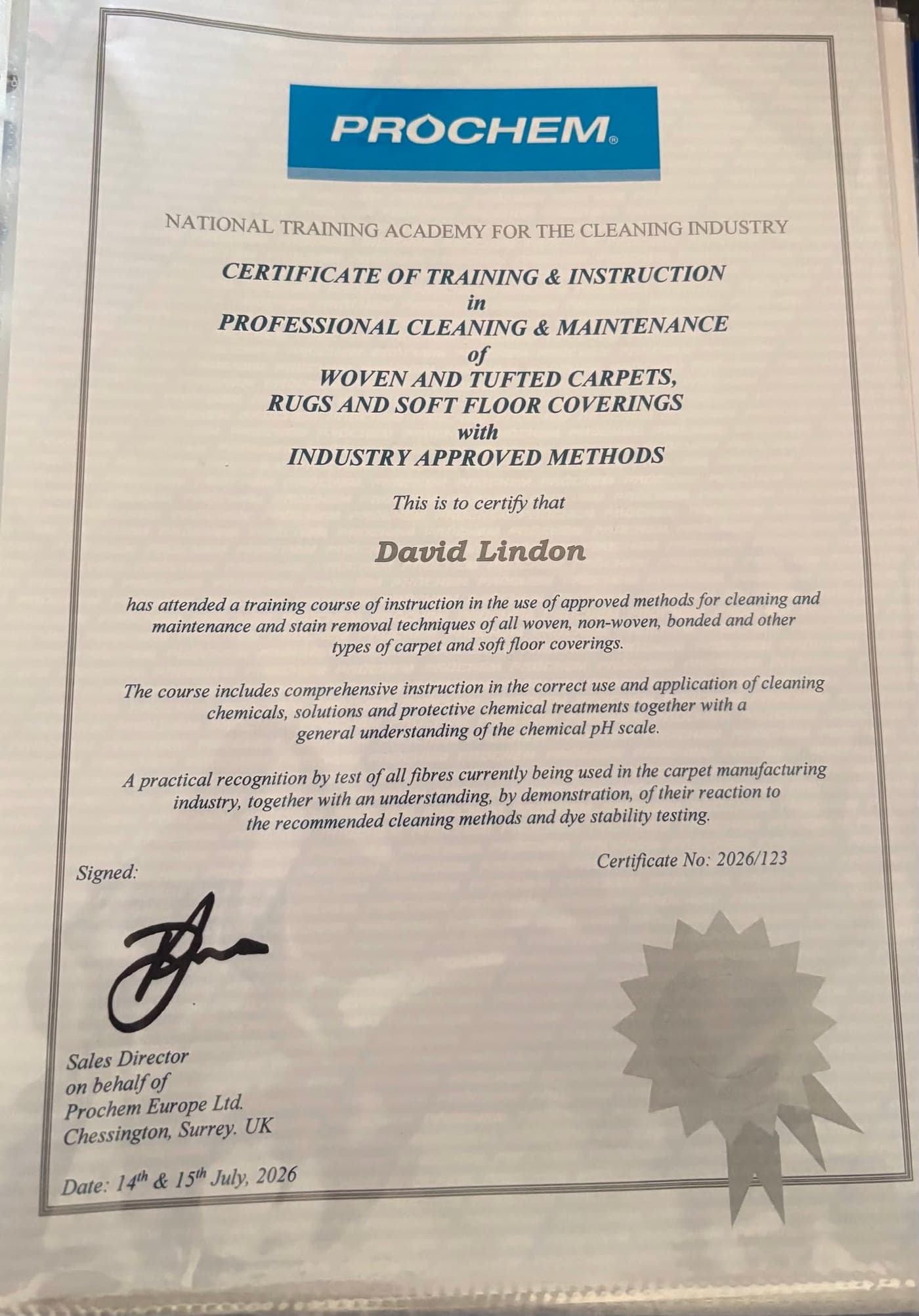 Prochem Europe certificate of training and instruction in professional cleaning and maintenance of carpets, rugs and soft floor coverings, awarded to David Lindon, certificate number 2026/123